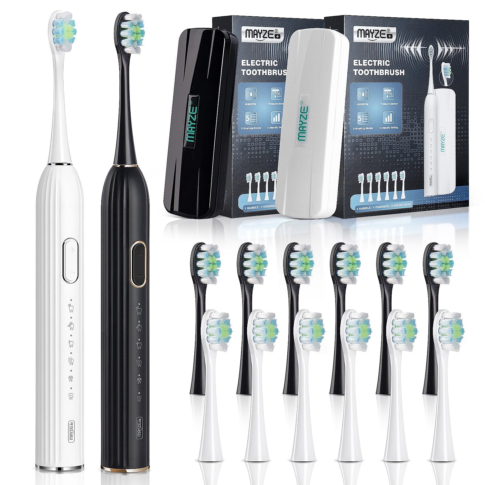 2 Pack Sonic Electric Toothbrush for Adults, Rechargeable Electric Toothbrushes with 12 Brush Heads, 5 Modes × 3 Intensity Levels, 40000VPM, 4 Hours Fast Charge for 100 Days(White-Black)