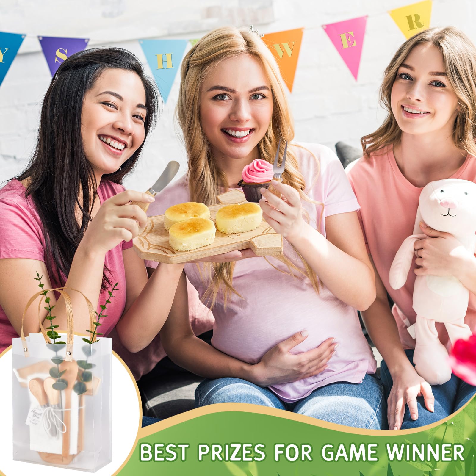 55 premios de baby shower para ganadores del juego, 6 juegos de tabla de queso en forma de body con cucharas, esparcidores de mantequilla, toallas de cocina, bolsas de regalo de novia, regalos de