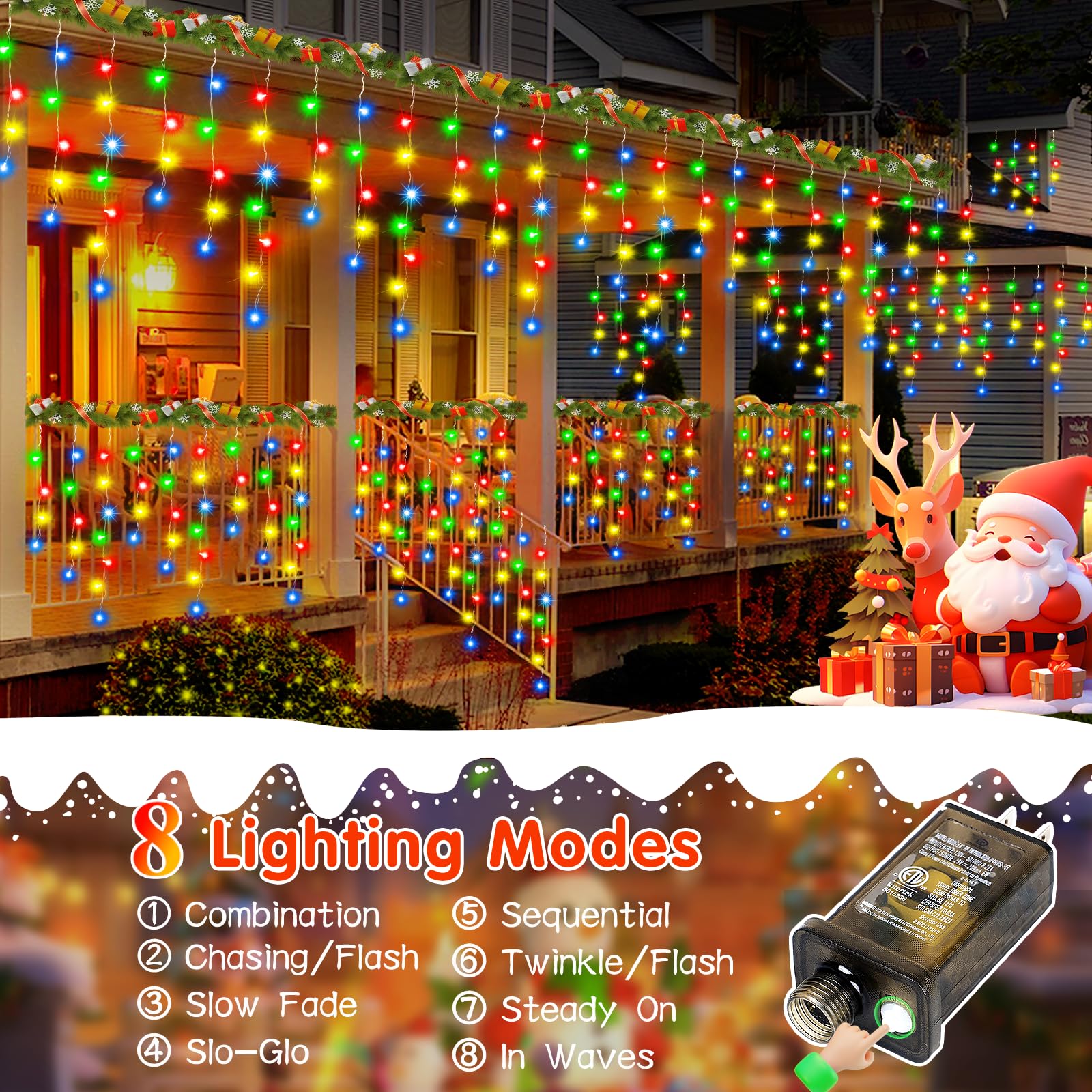 131FT 1440LED Weihnachtsbeleuchtung - Outdoor wasserdichte Vorhang-Lichterkette mit 8 Modi, Timer für Urlaub, Hochzeit, Party, Dekoration (mehrfarbig)