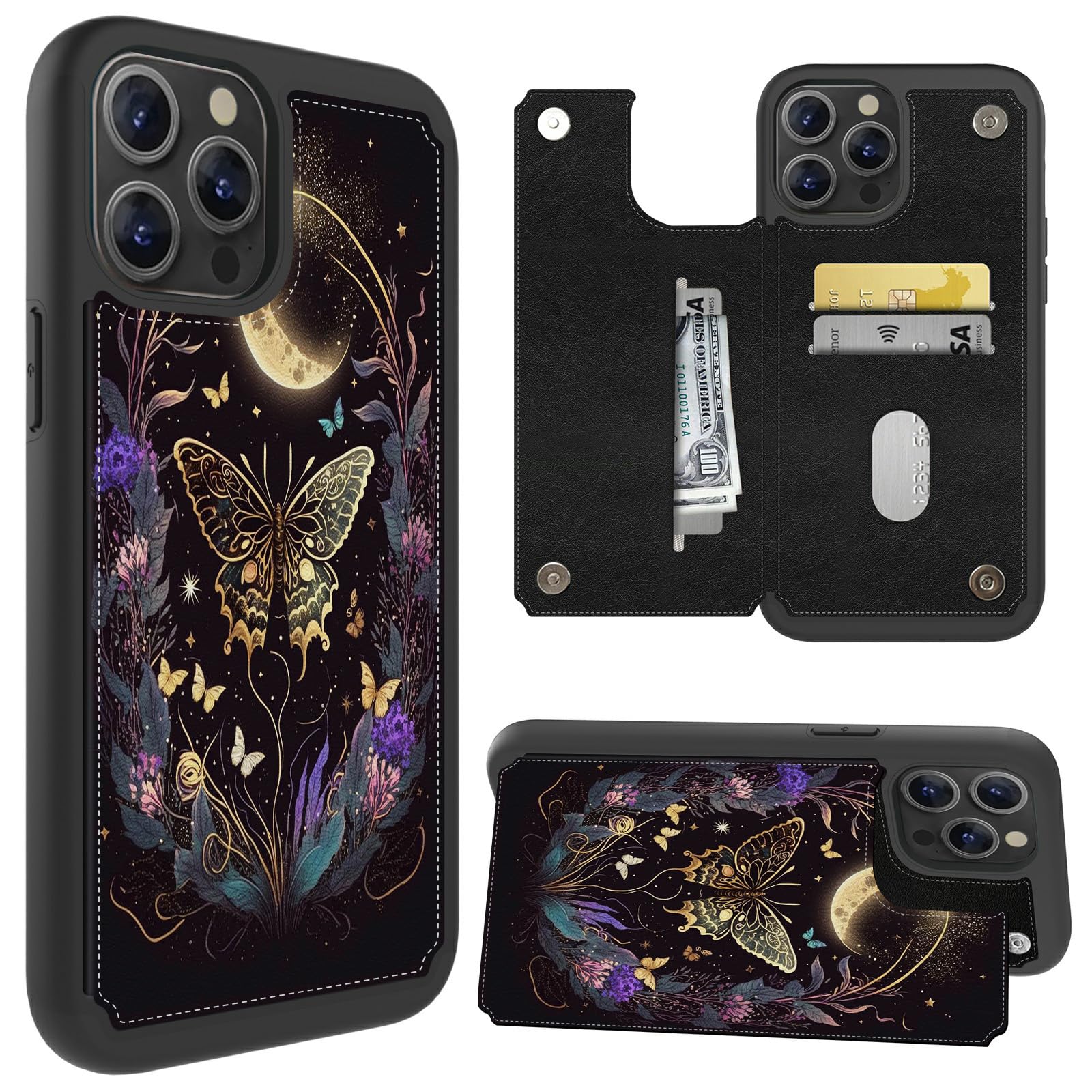 FUYOCWE Cases for iPhone 16 Pro Wallet Phone Case with Card Holder,Butterfly Flowers & Gold Moon PU Leather Kickstand Card Slot Cover for Men Women (