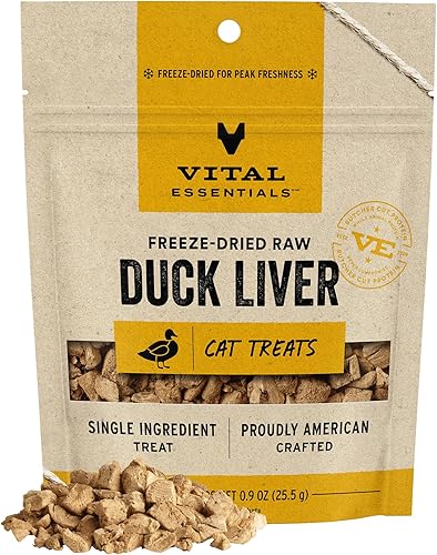 Vital Essentials Golosinas liofilizadas para gatos, golosinas de hígado de pato crudo para gatos 0.9 onzas