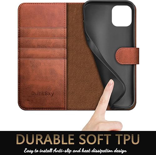 Miniatura 6 de Funda tipo cartera de piel auténtica para iPhone 13 de 6.1 pulgadas con bloqueo RFID, 4 tarjeteros de crédito. Cuero auténtico. Funda protectora