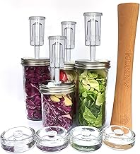 Complete Mason Jar Fermentation Kit - Sauerkraut Pounder + 4pc Glass Weights + 4pc water airlocks Easy Wide Mouth Jars Vegetable Fermenting Set -Suitable for 86MM mason jar (Jars Not Included)