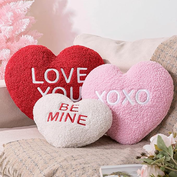 Valentines Decorations – 3pcs Love Heart Throw Pillows, Red, Pink, White Chenille Valentines Pillows for Bedroom, Living Room, Sofa, Holiday Decor