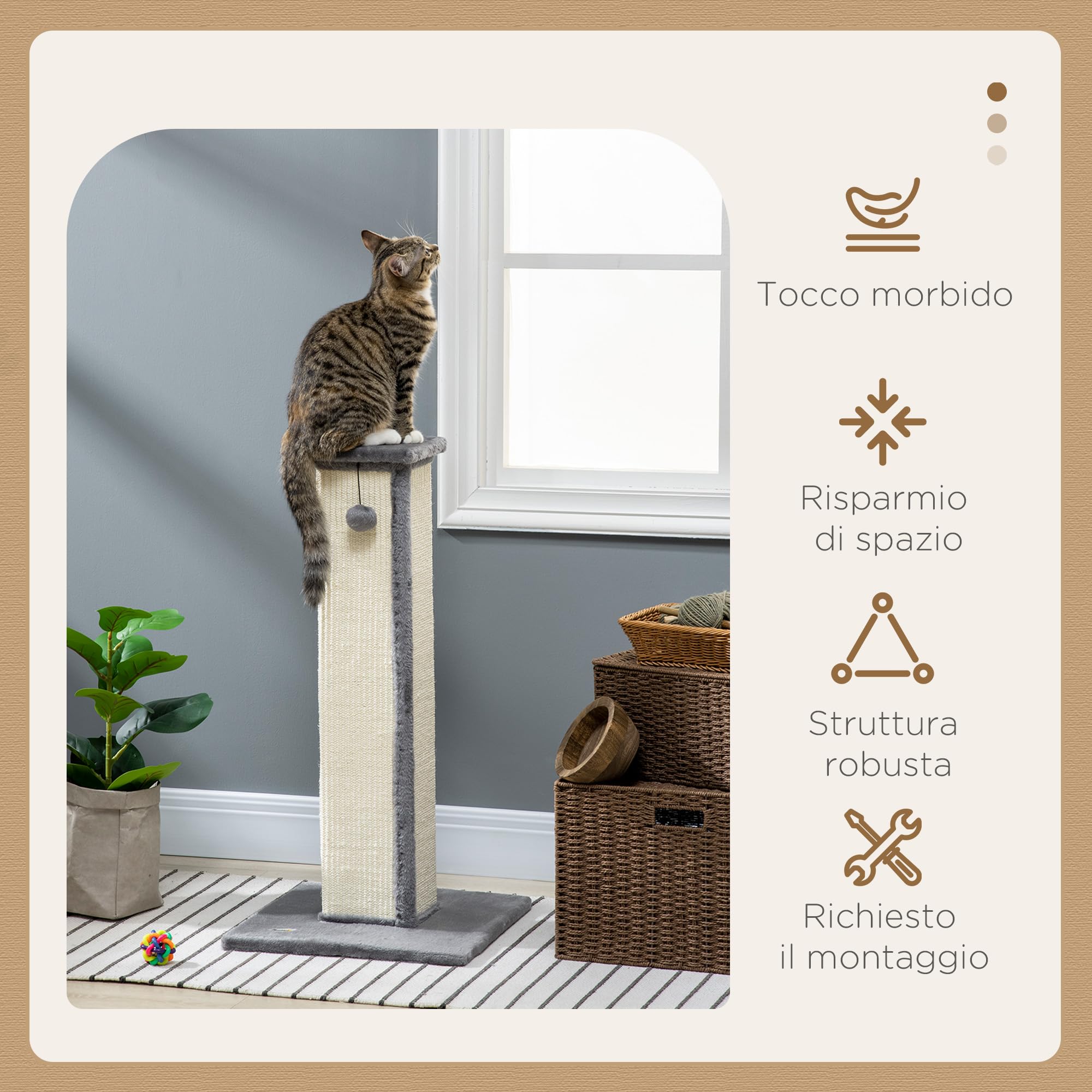 PawHut Tiragraffi per Gatti con Graffiatoio in Sisal 41x41x81 cm Grigio | Pallina Appesa, Albero Tiragraffi per Gattini, Rivestimento in Peluche