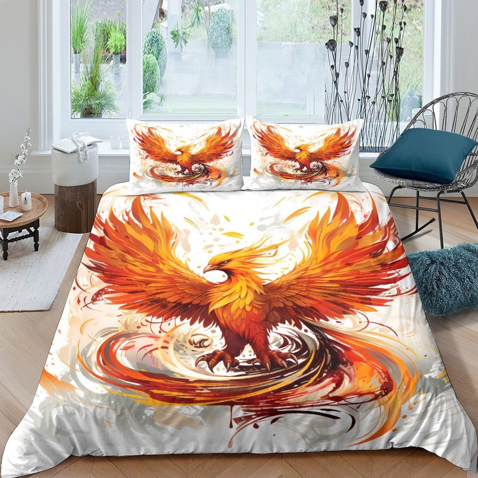 Ctjqhvkz Style-1 3D Printed Fiery Phoenix Fitted Sheet Microfiber Soft Breathable Flame Bird Bed Cover For Bedroom Guest Room Dorm Decor Single（135X200cm）