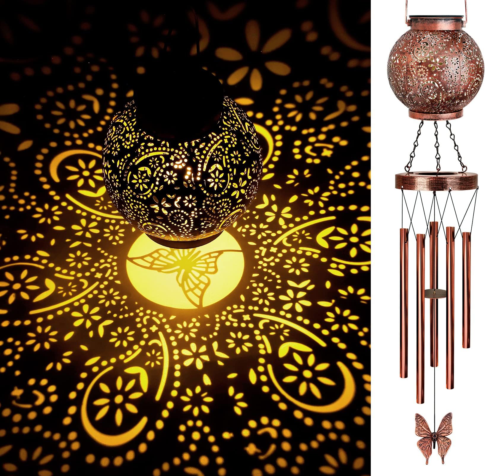 YHmall Solar Wind Chimes for Outside, Butterfly Birthday Gifts for Women Mom, Flower Solar Lantern Windchimes Outdoors, Hanging Memorial Wind Chimes for Garden Decor