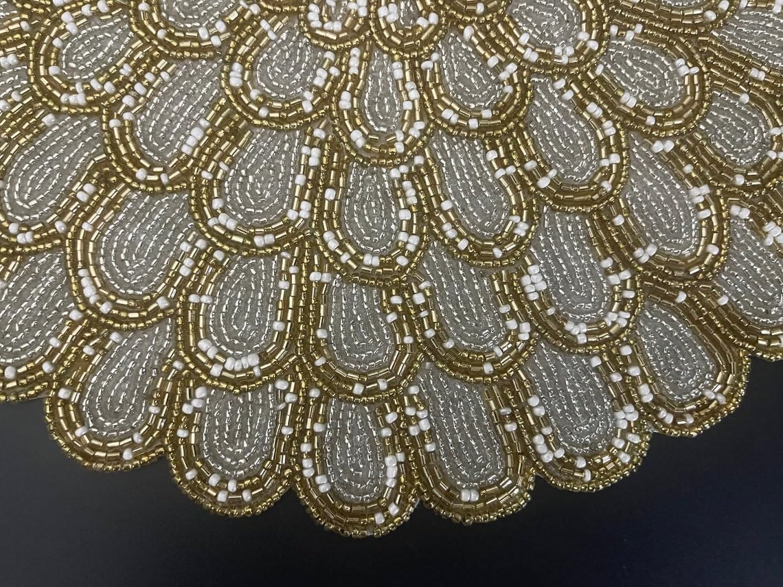 Enliven Handmade placemat, Beaded Round Table placemat, Silver, Gold with White Beads, 14 inch | Set of 6