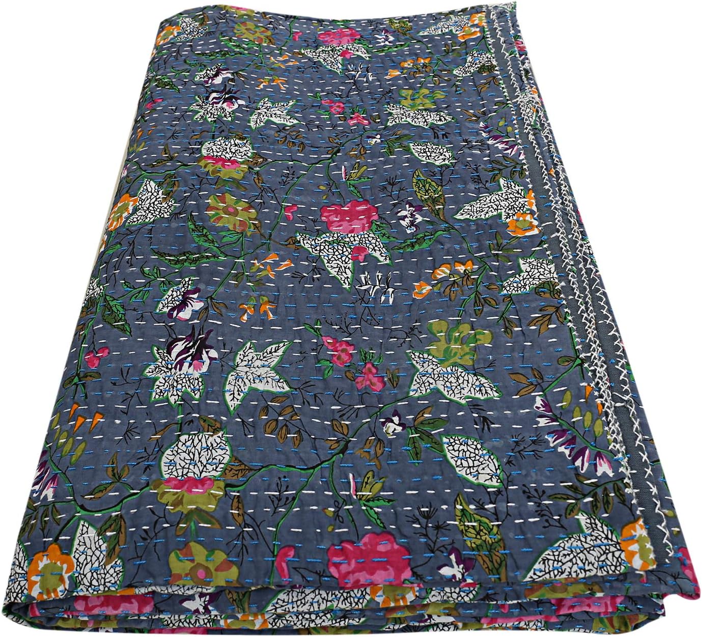 Janki CreationIndian Kantha Quilt Handmade Kantha Bed Cover Throw Cotton Blanket Gudari Hippie Grey Paradise Bedding Quilts