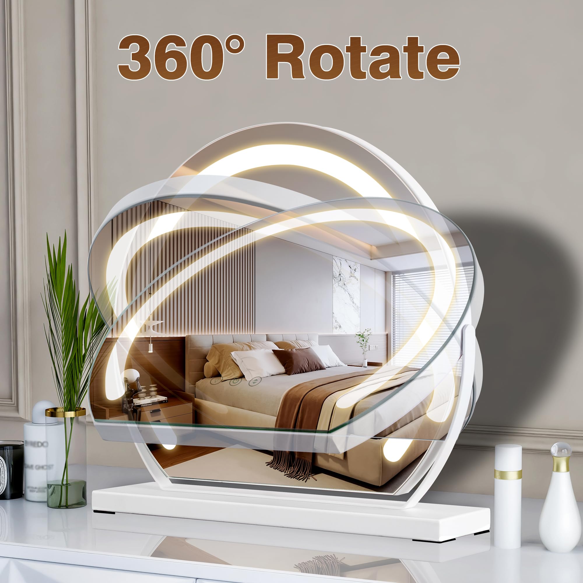 MantoLite Lusterko kosmetyczne 40 cm, lustro do makijażu z oświetleniem, 3 temperatury barwowej, regulowane lustro kosmetyczne z oświetleniem, obracane o 360°, do sypialni, kolor biały