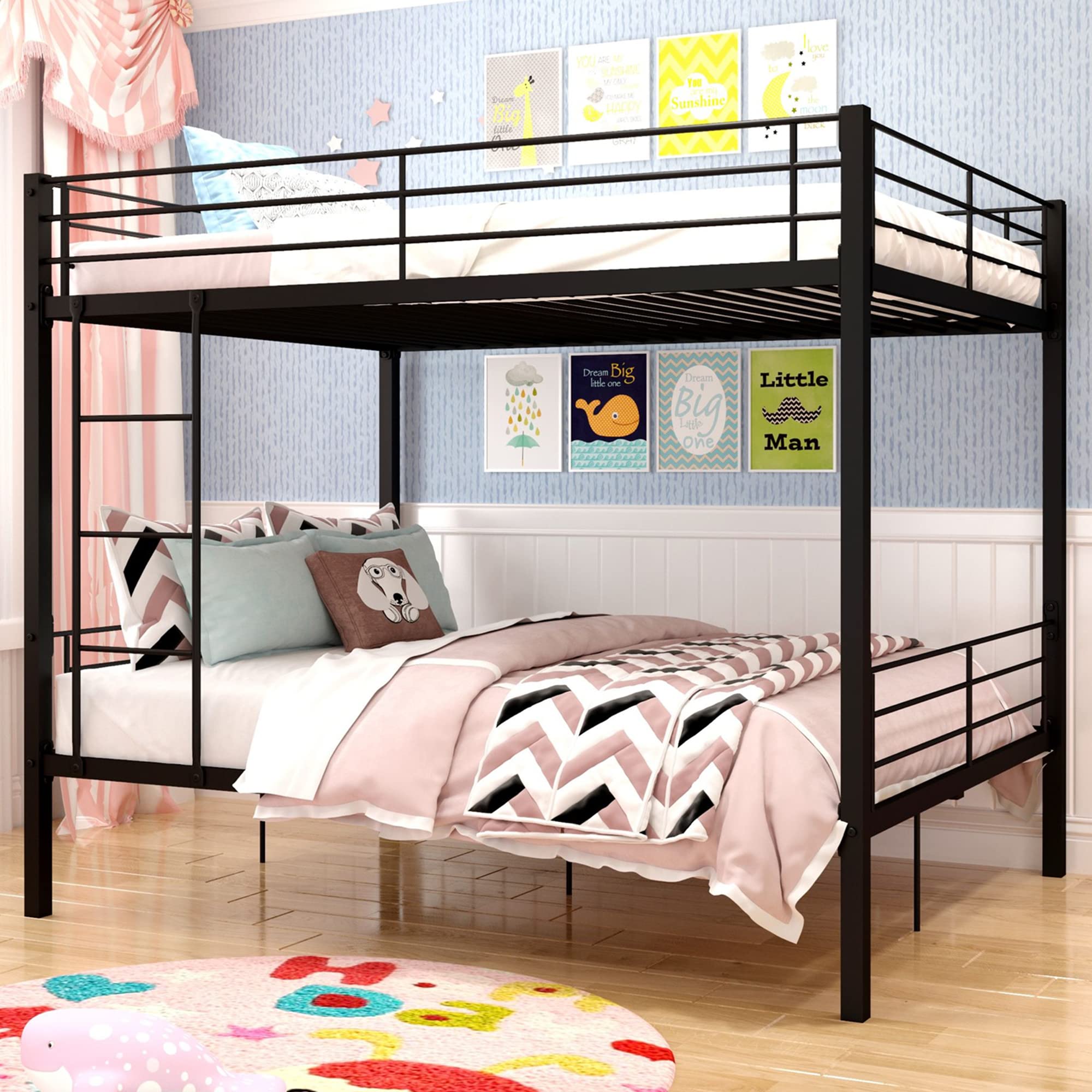 Rajmarti TYNAWYNW Latest Version & Stronger Bunk Bed, Industrial Style Thicker Metal Bunk Bed Frame with Side Ladders and Full Length Guardrails for Adults, Girls, Boys and Kids (Queen Over Queen)
