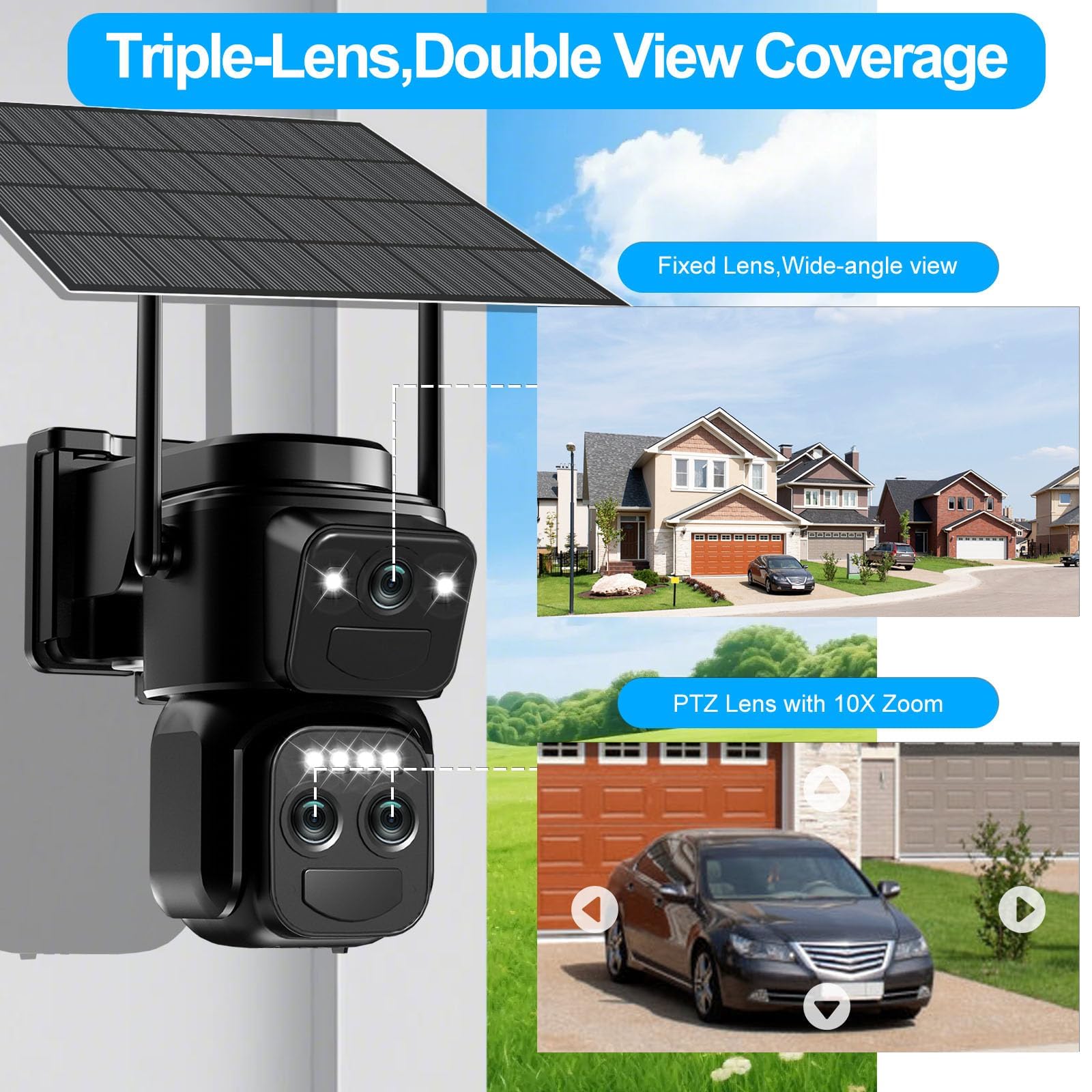Cámara de vigilancia WiFi exterior inalámbrica 4K, triple objetivo 10X, cámara exterior solar con panel, detección humana PIR, visión nocturna, audio bidireccional, seguimiento automático, IP66, 2