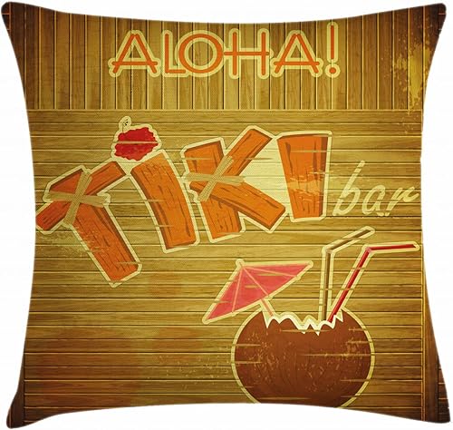 Ambesonne Tiki Bar - Funda de cojín para cojín, tablones de madera en la pared con estilo Tiki Bar Texto Cocktail Hibiscus Aloha, funda de almohada