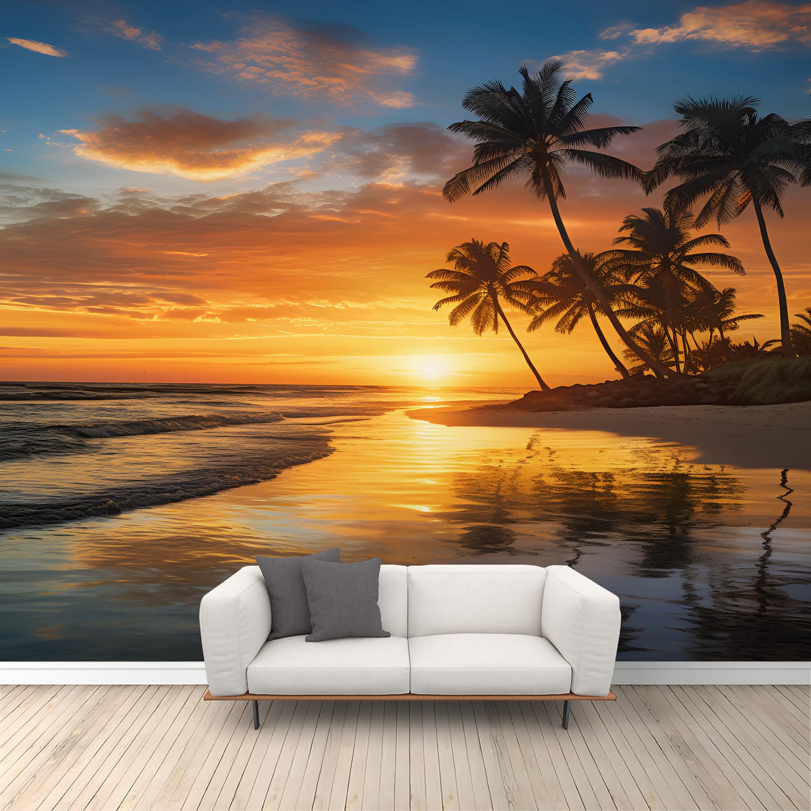 Beach Murals Sunshine Sunset Beach Mural Wallpaper Tropical Palm Trees Mural Large Natural Landscape Wallpaper for Living Room Study Room Hotels Offices 350 x 256 cm
