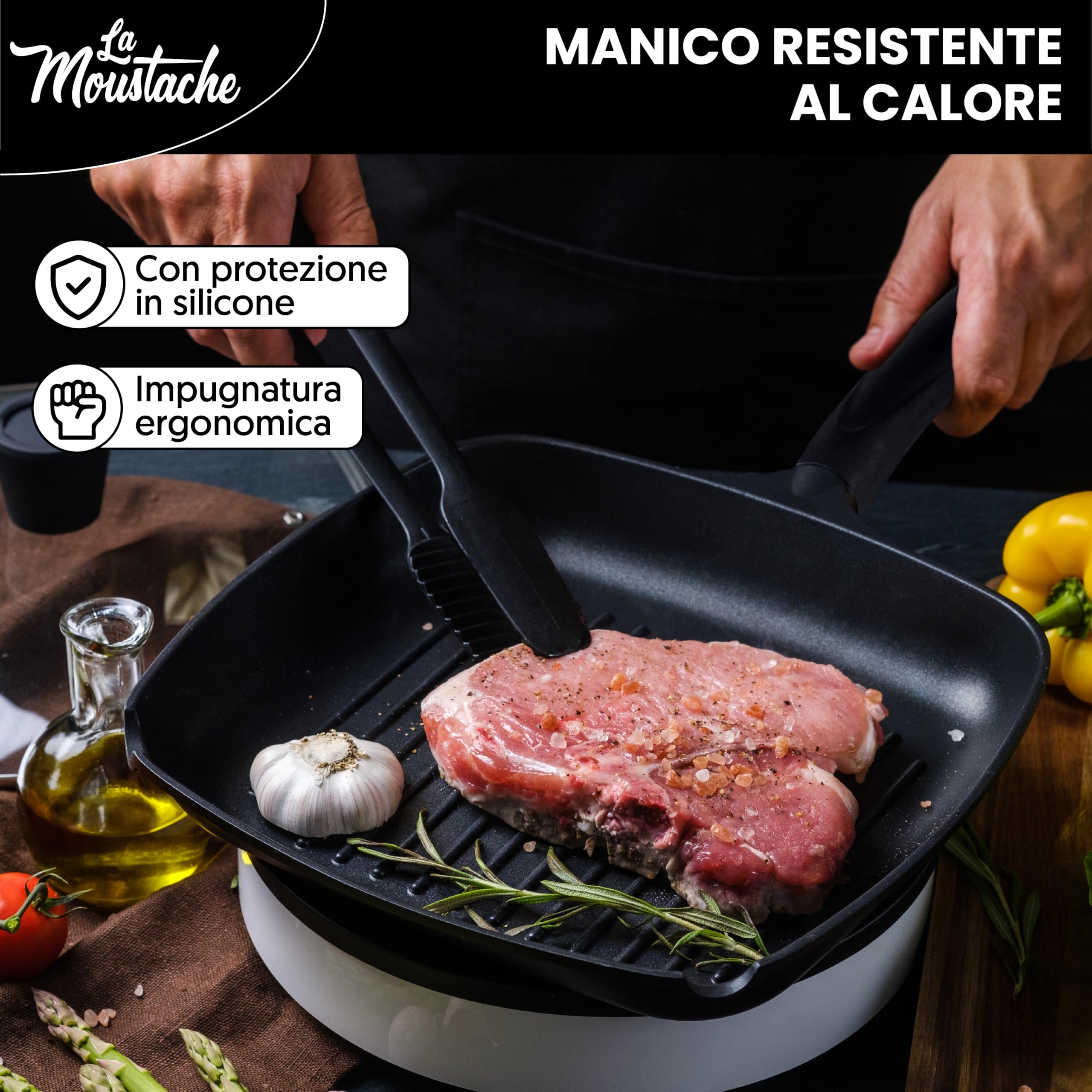 La Moustache - Padella Quadrata 28 cm in Alluminio con Antiaderente senza PFOA, Adatto a Tutti i Tipi di Cucine | Induzione, Gas, Piastra Elettrica, Vitroceramica, Equilibrio Termico
