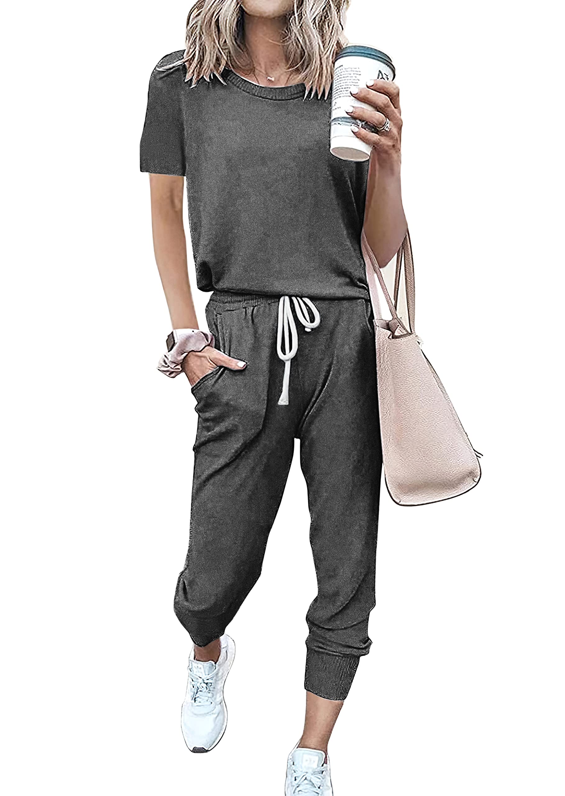 PRETTYGARDEN Women Summer Two Piece Outfits Striped Short Sleeve Pullover and Long Pants Tracksuit Travel Pajama Lounge Set