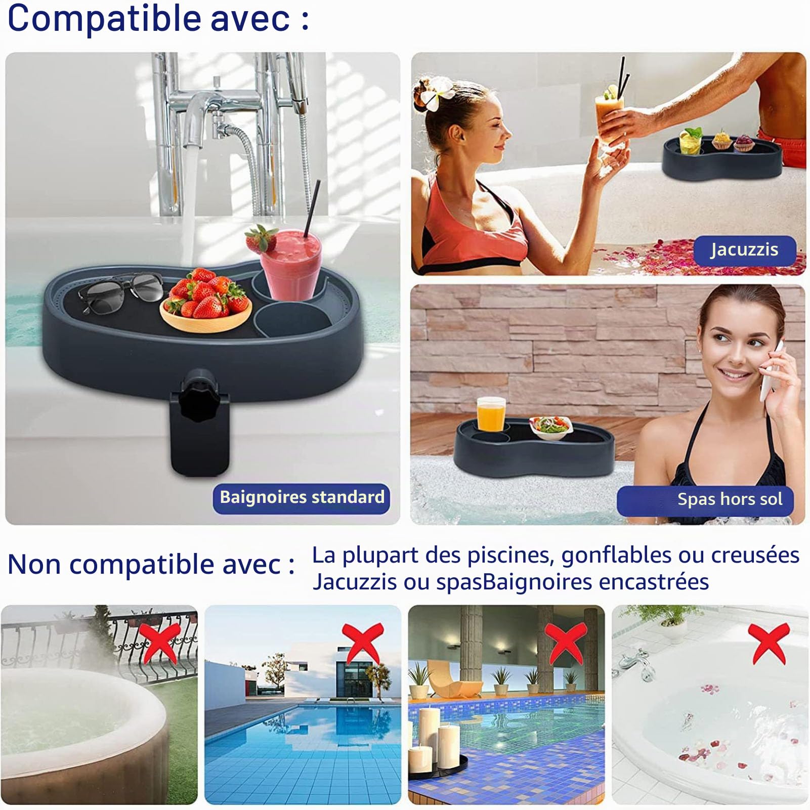 Focket Plateau de Table pour Spa, Plateau Réglable pour Spa, Support à Boissons Antidérapant Robuste avec 2 Porte-gobelets, Table Adaptée à la Plupart des Spas, pour Baignoire Hors Sol,