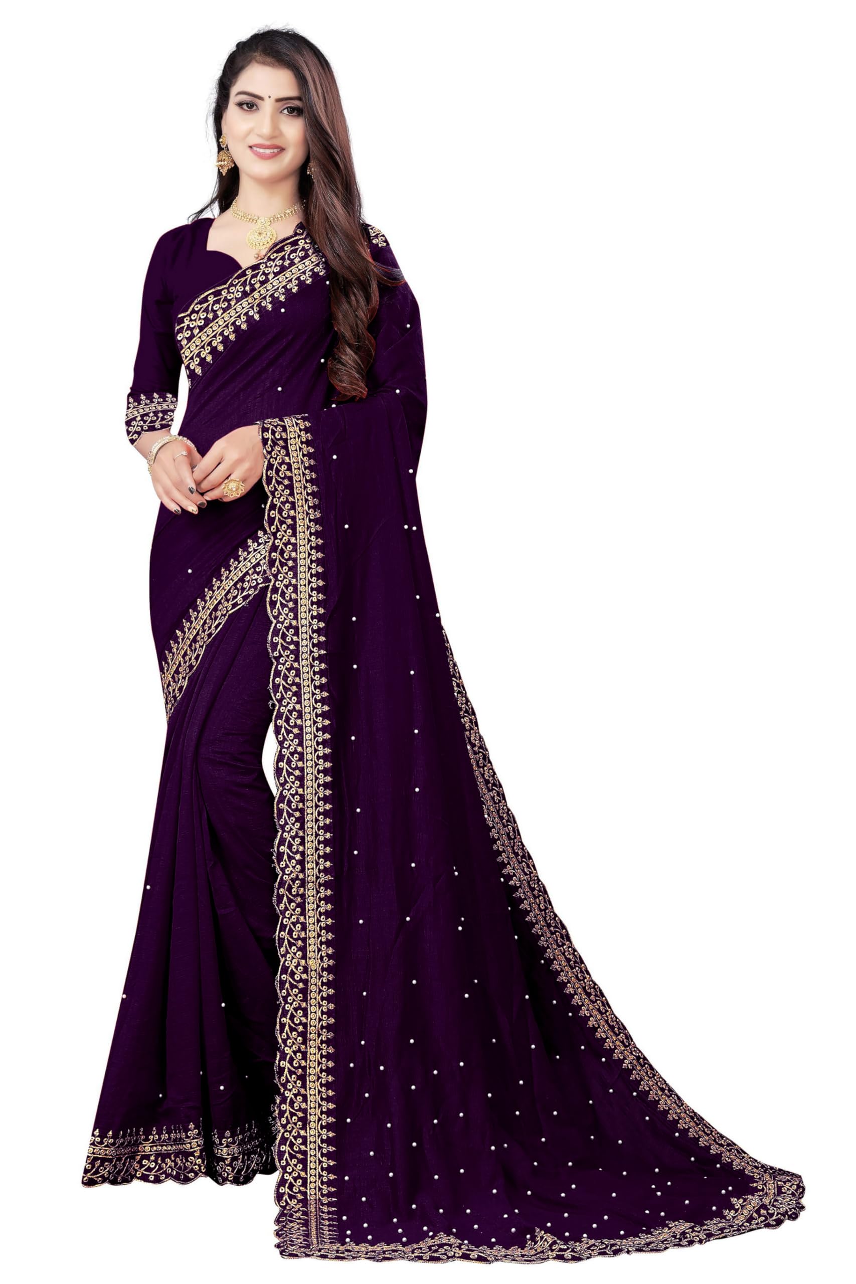 Saree for Women Georgette Embroidery Saree with Unstitched Blouse Piece (Dark Purple)