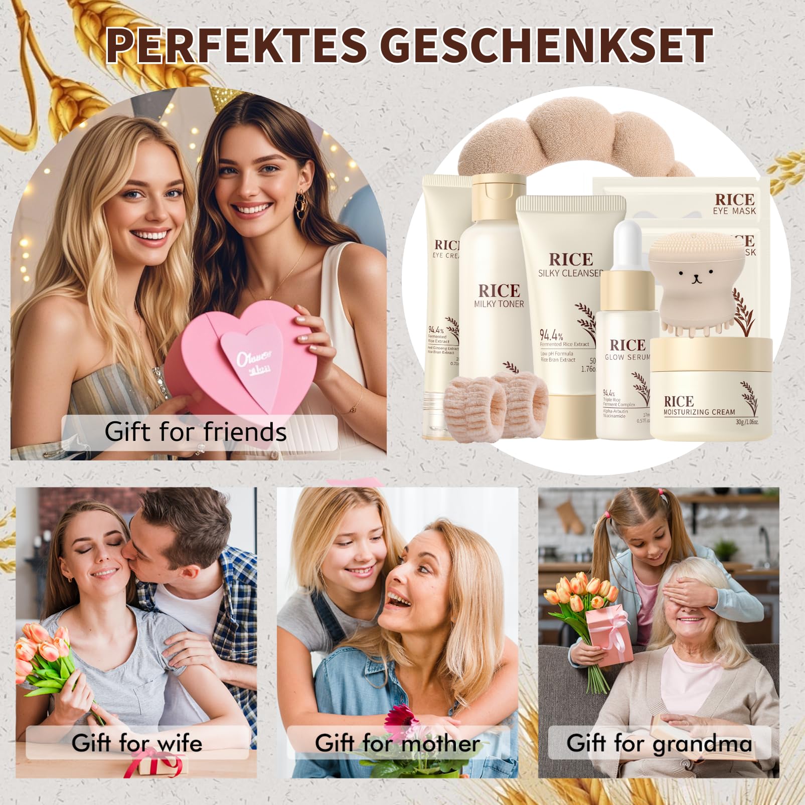Reis Skin Care Set Geschenkset Damen - Skincare Set 10PCS - Beauty Set Mädchen - Gesichtspflege Set Damen Nährend & Strahlend - Skincare Adventskalender Geschenk Set - Mit Toner,Serum,Creme,Stirnband