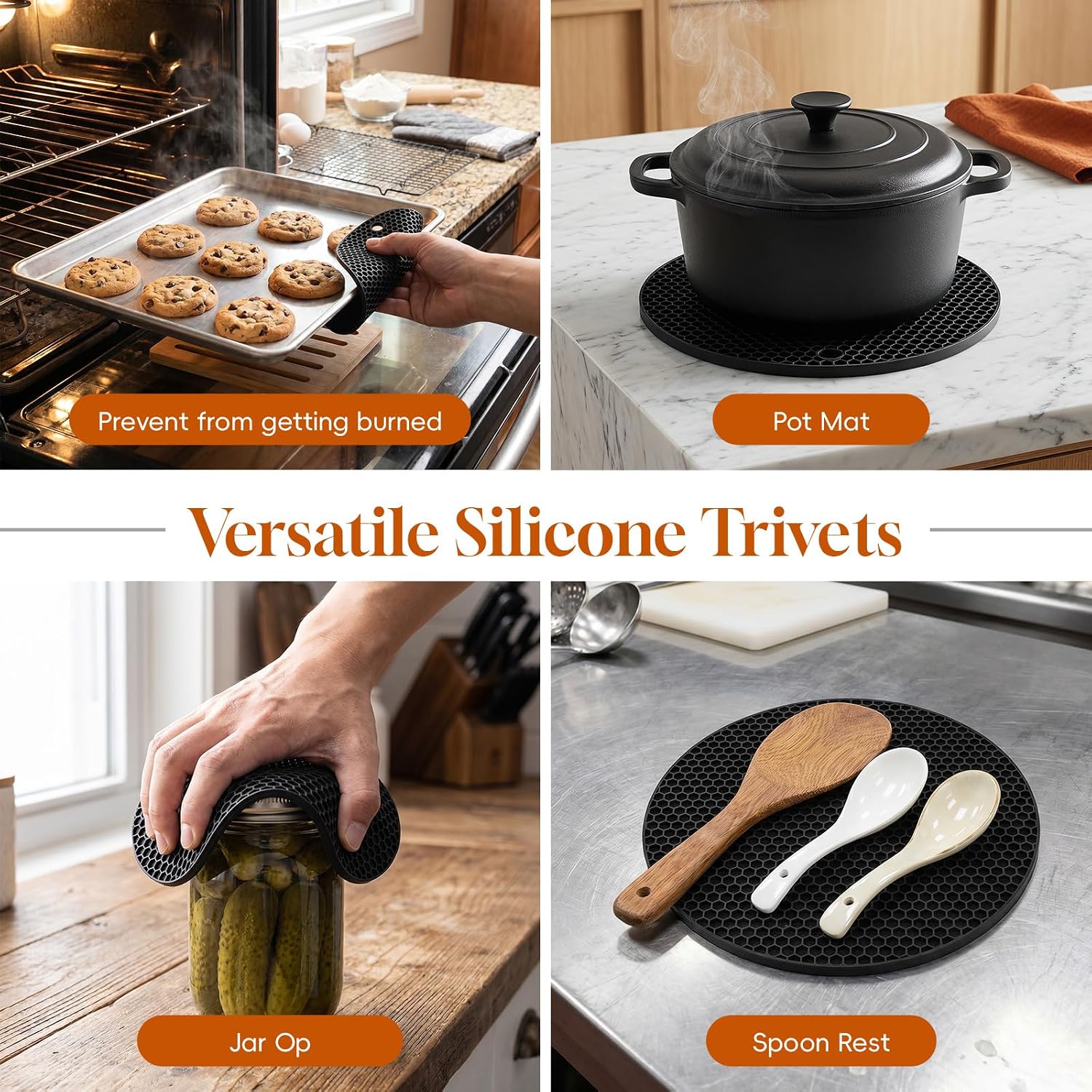 Silicone Trivets 4 Pack, Heat Resistant Mats, Non-Slip Pot Holders
