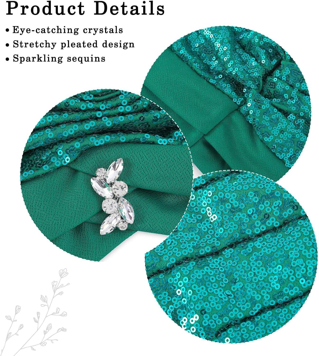 Bohend Rhinestone Turban Hat for Women Sequin Stretch Headwarp Pre Tied Head Cover Bonnet Muslim Crysta Pleated Headscarf Hat - Image 4