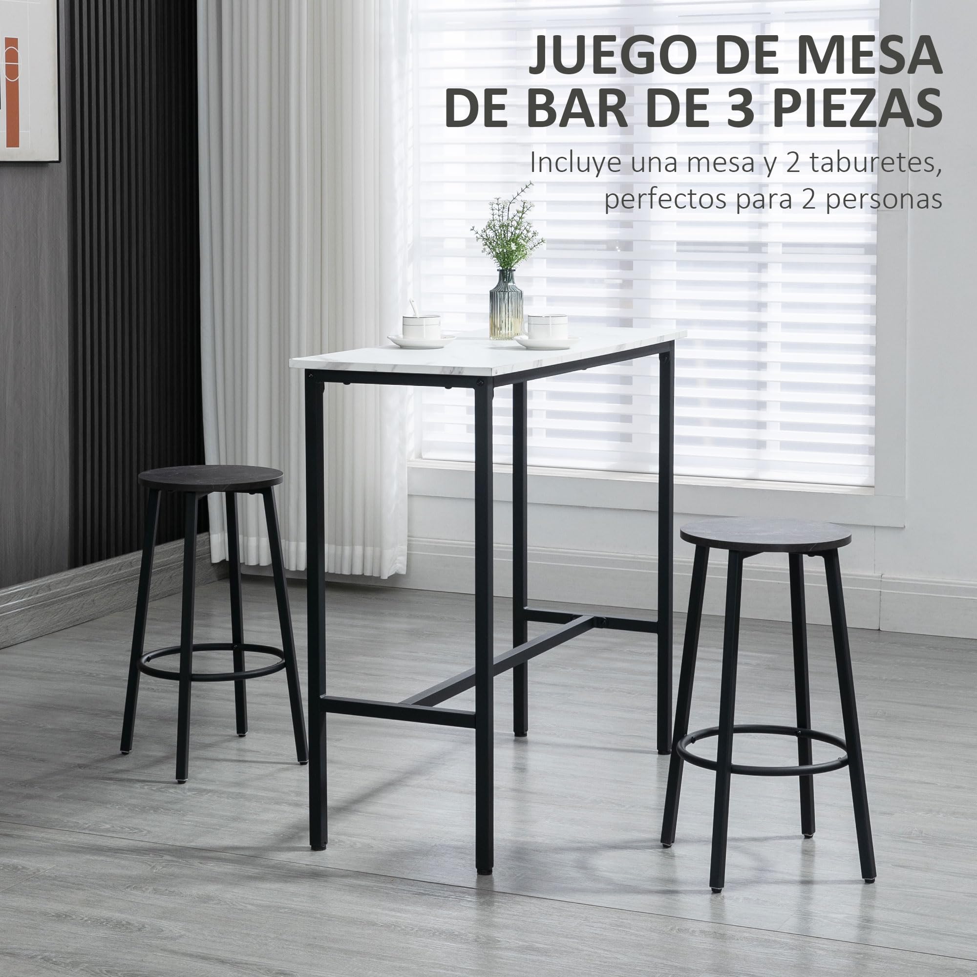 HOMCOM Juego de Mesa de Comedor con 2 Taburetes 3 Piezas Blanco y Negro | Mesa Alta de Bar Redondo, Marco de Acero, Estilo Moderno, para Cocina Salón