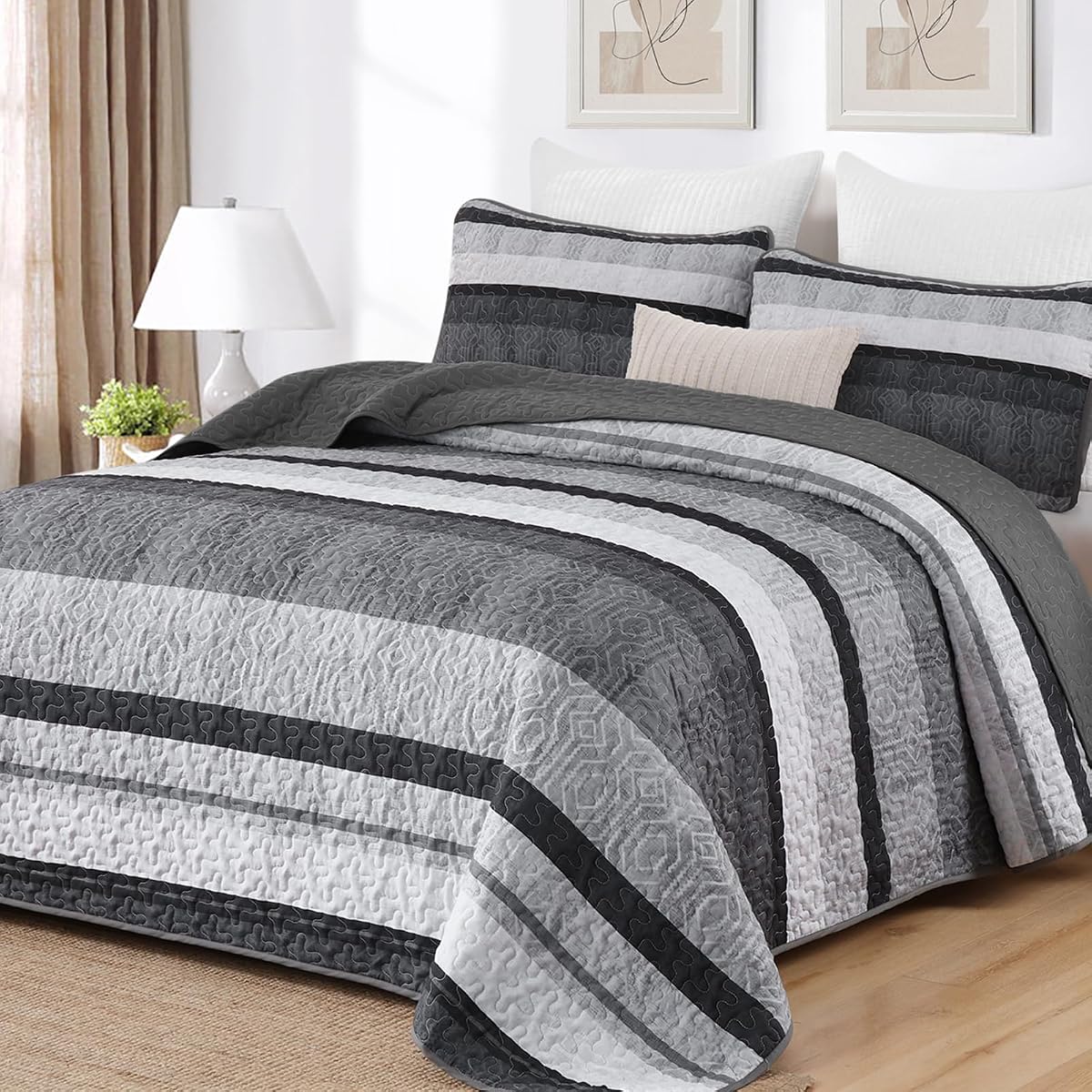 Grey California King Quilt Set, Boho Bedspread Full Size, Striped Bedding Sets 3 Pieces, Summer Lightweight Soft Gray Black Coverlet Bed Sets with 2 Pillow Shams 110"x96"
