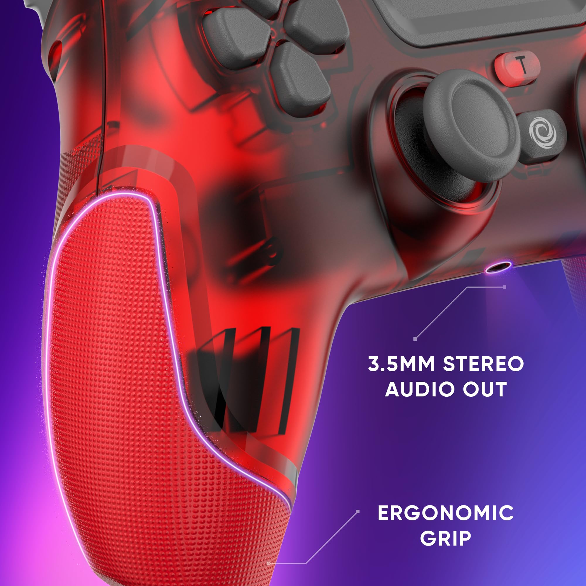 Oniverse Controller Wireless per PS4 PS3 PC ANDROID iOS, Uscita Cuffie, Joystick Hall Effect, Batteria Ricaricabile 1000mAh, Pulsanti Macro, Modalità Turbo, Wake Up, Giroscopio 6 Assi, Revolt Mars Red
