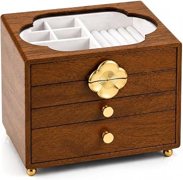 Black Walnut Jewelry Box for Women, 4-Layer, large, with Glass Lid & Magnetic Closure, Dustproof Velvet Lined Storage for Watches, Necklaces, Rings, Earrings - Gift for Wife, Mom, Bride, Anniversary