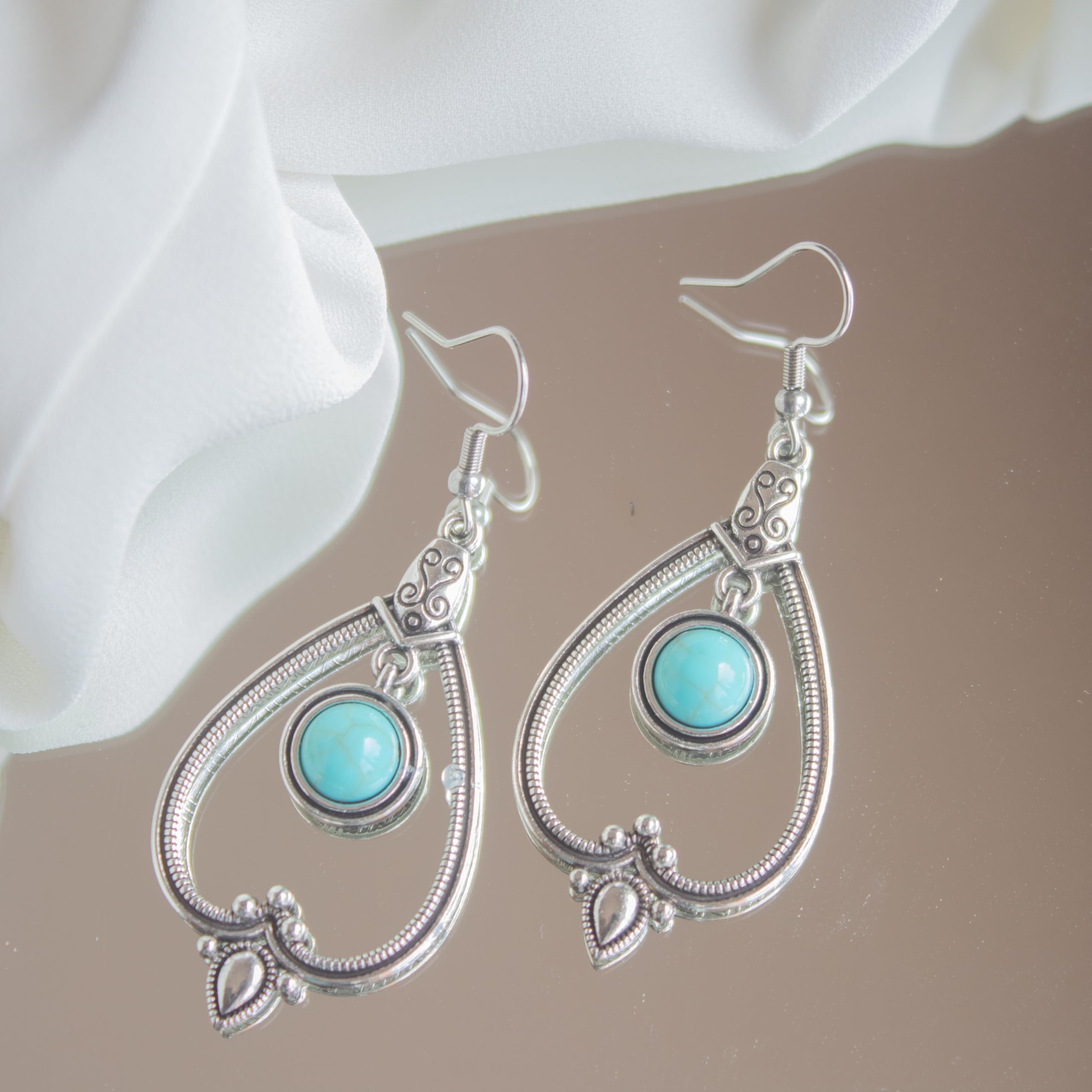 Pendientes Mujer Bohemios con Piedra Turquesa Colgante Estilo Vintage Largos Forma de Gota Plata Tibetana