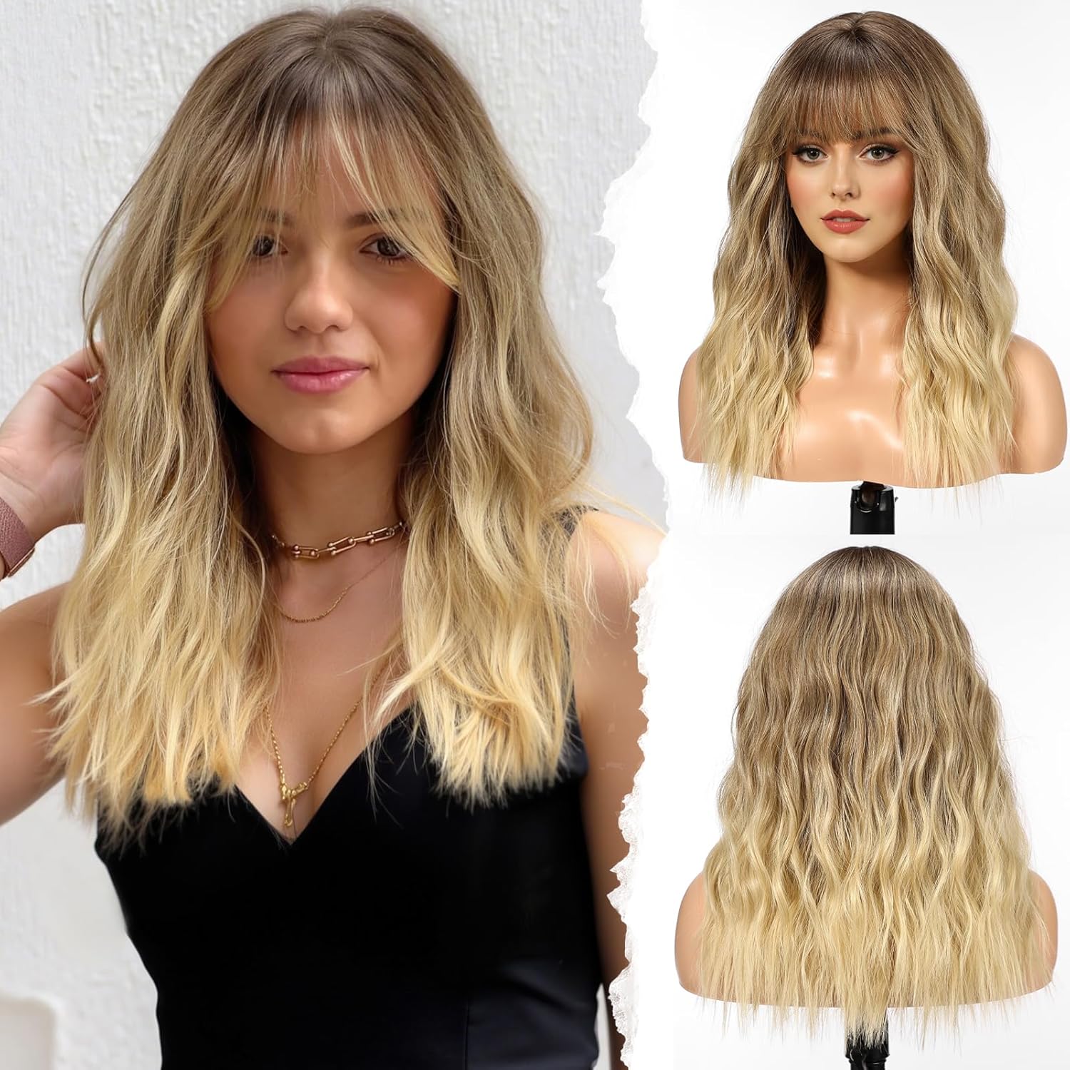 HAIRCUBE Long Wig with Bangs Synthetic Wavy Wigs for Women Dirty Blonde Color HAIRCUBE Long Wig with Bangs Synthetic Wavy Wigs for Women Dirty Blonde Color