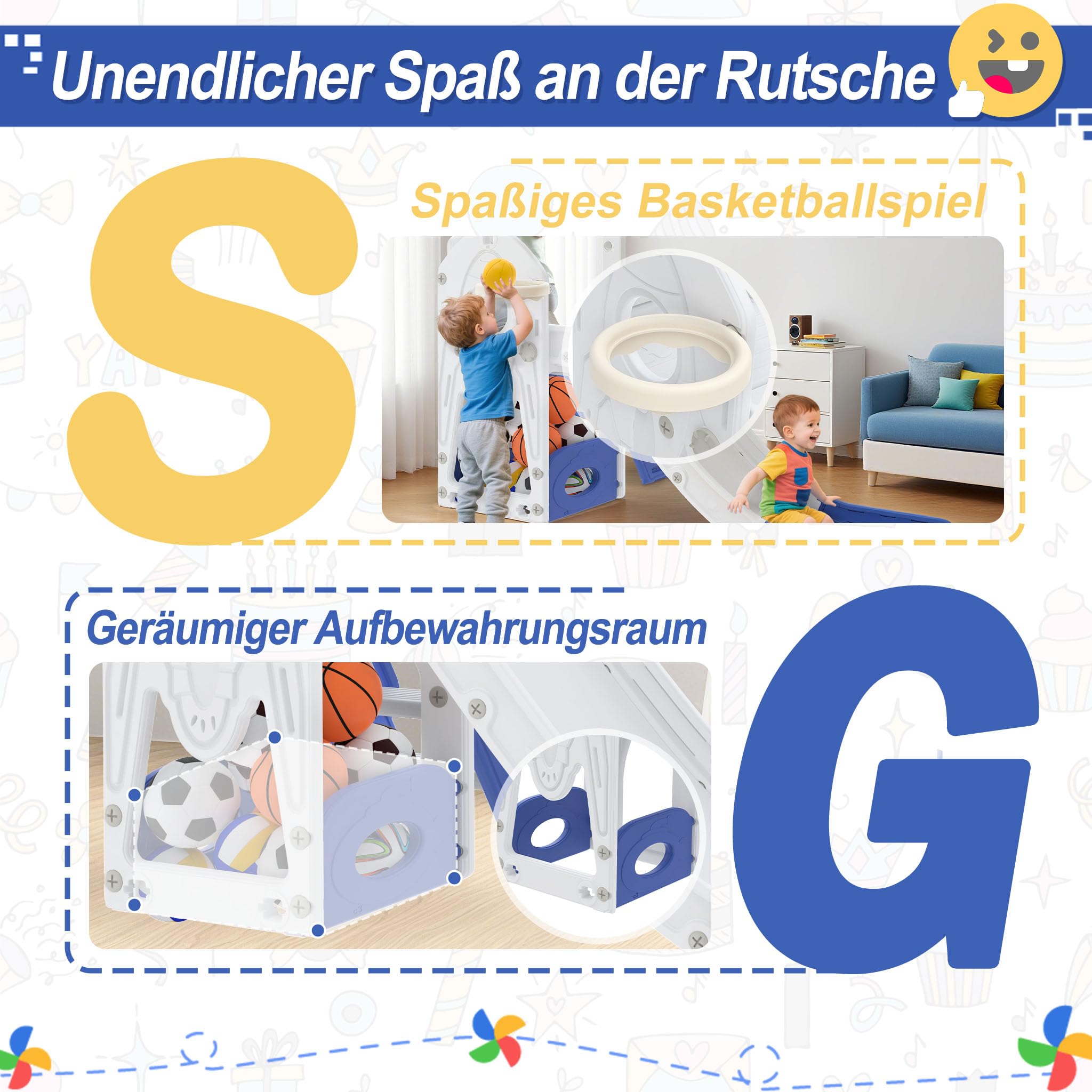 UISEBRT Scivolo per bambini con scaletta da arrampicata, spazio di archiviazione, cestino da basket e telescopio da gioco, scivolo per bambini in HDPE e PP, autoportante, per interni ed esterni, 5 in
