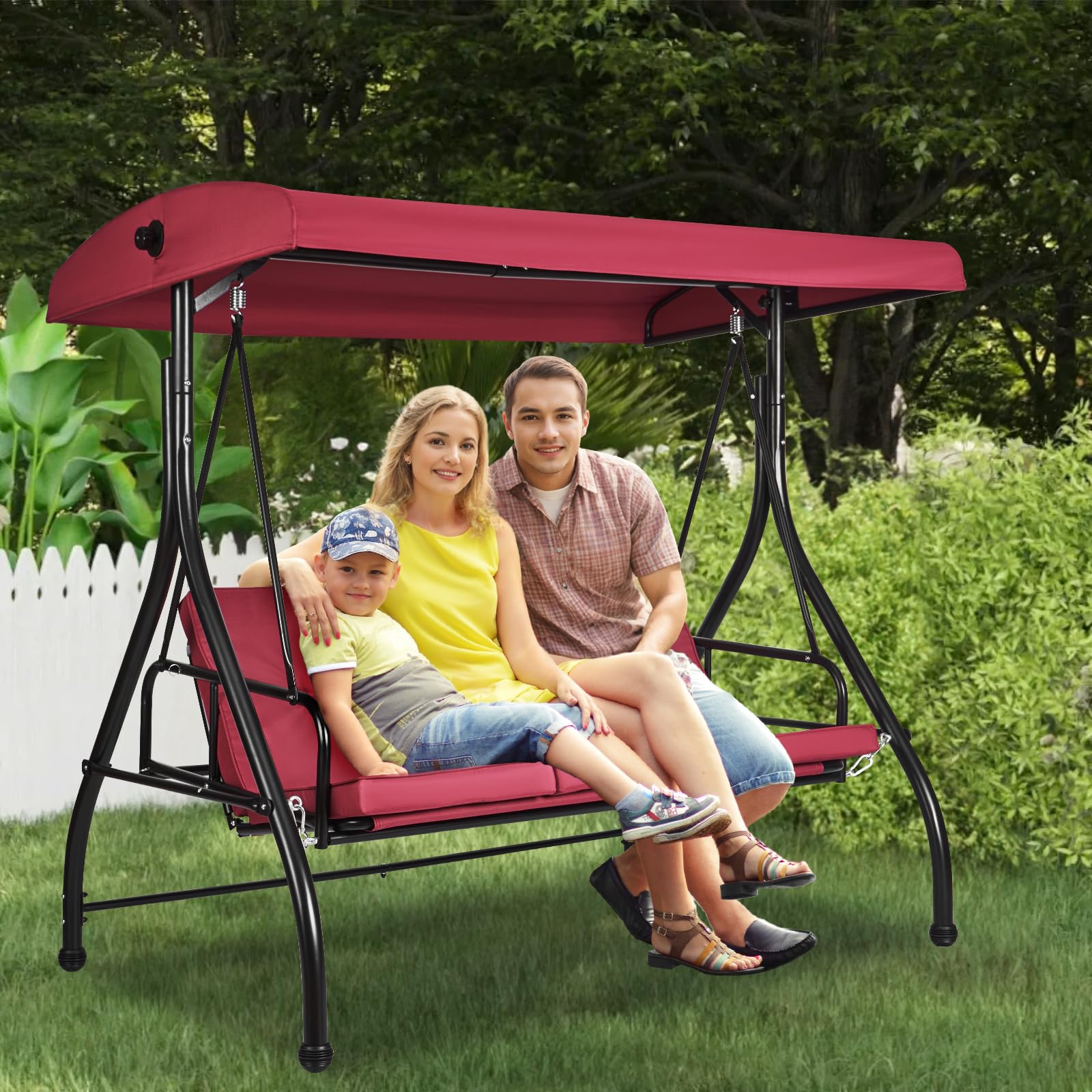3 in 1 outdoor porch swing with adjustable canopy 3 seat outdoor swing for adults patio swing chair with thickened cushionspillows cup