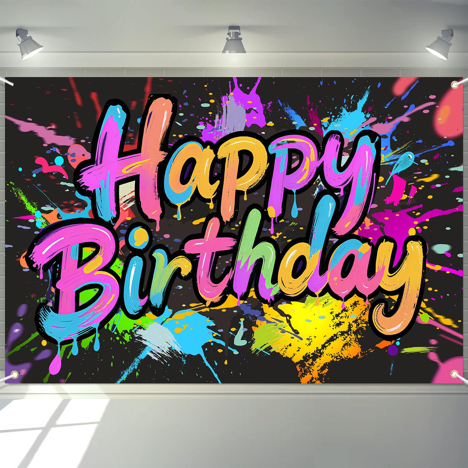 Photo 1 of Neon Birthday Party Decorations, Neon Happy Birthday Banner Backdrop Sign, Glow in The Dark Party Photography Background