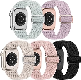 EOMTAM 5 Pack Braided Stretchy Adjustable Straps Compatible for Apple Watch Ultra 2/1 Band 38mm 40mm 41mm 42mm 44mm 45mm 49mm for Women Men ,Sport Elastic Nylon Cloth Wristbands for iWatch Series 9 8 SE 7 6 5 4 3
