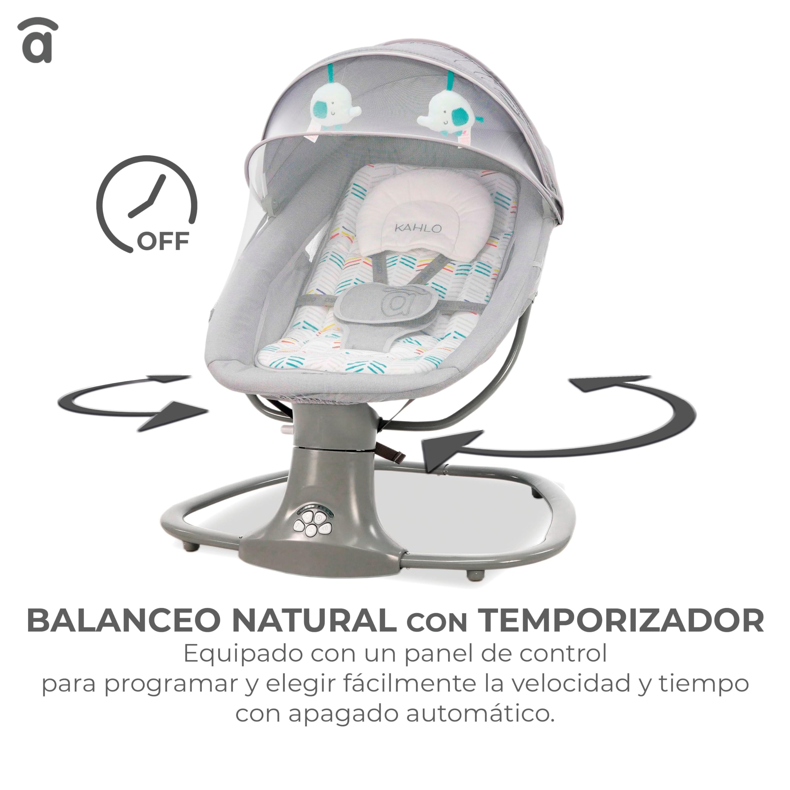 Asalvo Kahlo Hamaca Balancín con Música y Bluetooth, Balanceo Automático 5 Niveles, Capota con Mosquitera, Juguetero con 2 Juguetes, reposa Cabezas, Desde 0 Meses hasta 9 Kg, Textil Lavable, Gris