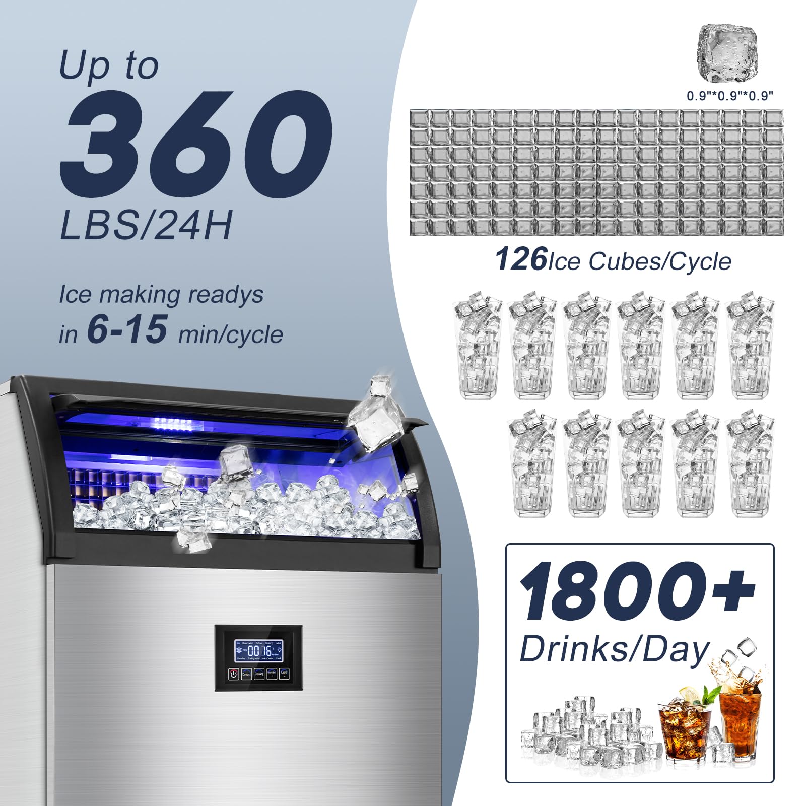 Commercial Ice Maker Machine 360lbs/24h With 80lbs Storage Bin, 126pcs Ice Cubes Ice Machine Stainless Steel Undercounter/Freestanding Ice Maker For Home Bar Outdoor, Self Cleaning on Fridge.com - View 3