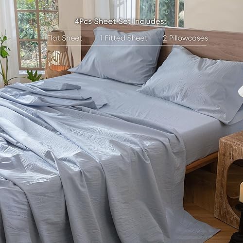 Miniatura 2 de MooMee Juego de sábanas 100% algodón lavado con textura parecida al lino transpirable duradero suave cómodo (azul aciano, King)