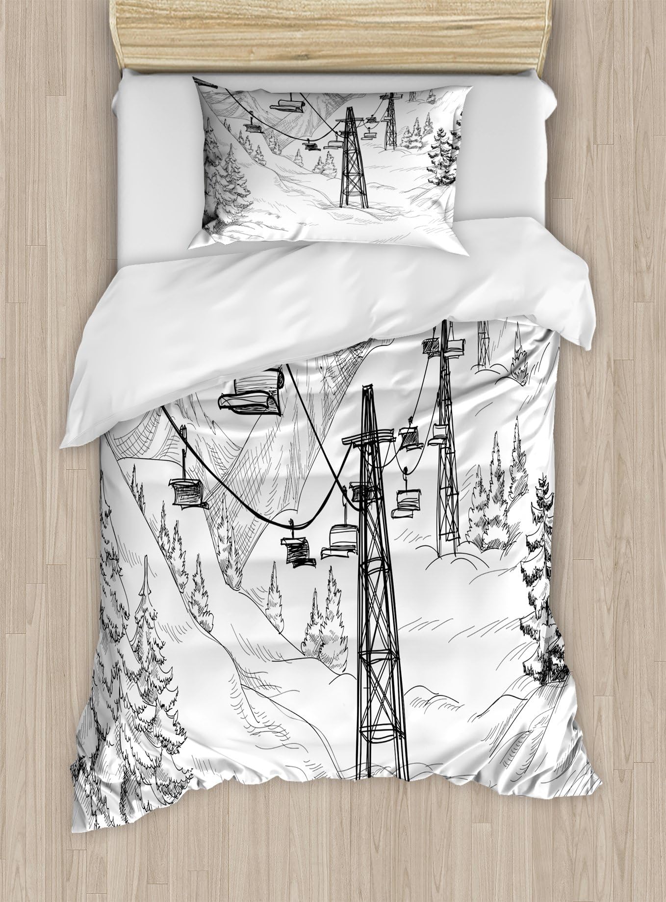 Lunarable Winter Duvet Cover Set, Ski Lift with Fir Trees Monochrome Seasonal Holiday Destination Themed Sketch, Decorative 2 Piece Bedding Set with 1 Pillow Sham, Twin Size, Black and White