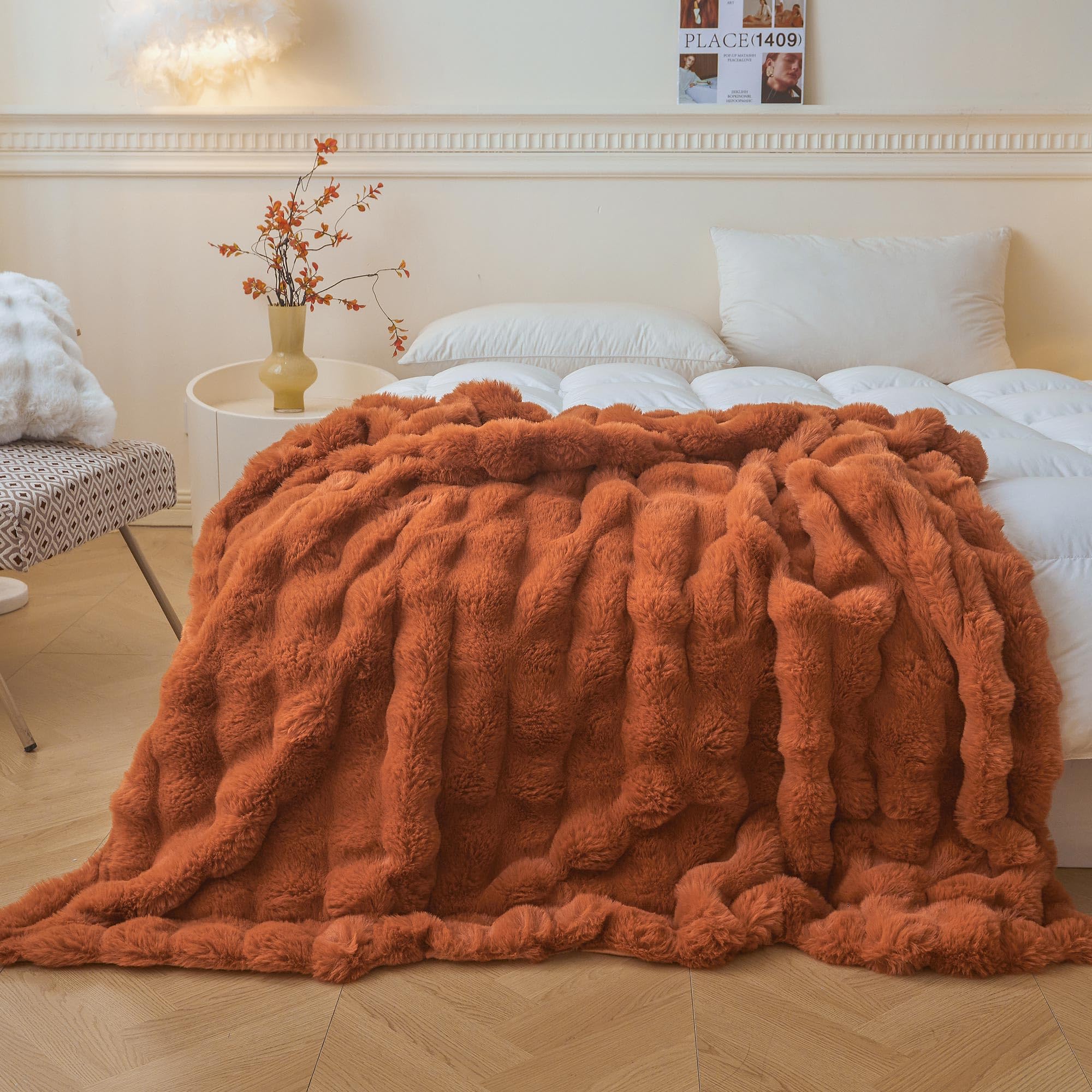 LIFEREVO Fluffy Faux Rabbit Fur Bubble Throw, Plush Shaggy Blanket for Couch Sofa Chair, Soft Cute Furry Bed Blanket Adults Kids Teens Girls, Fuzzy