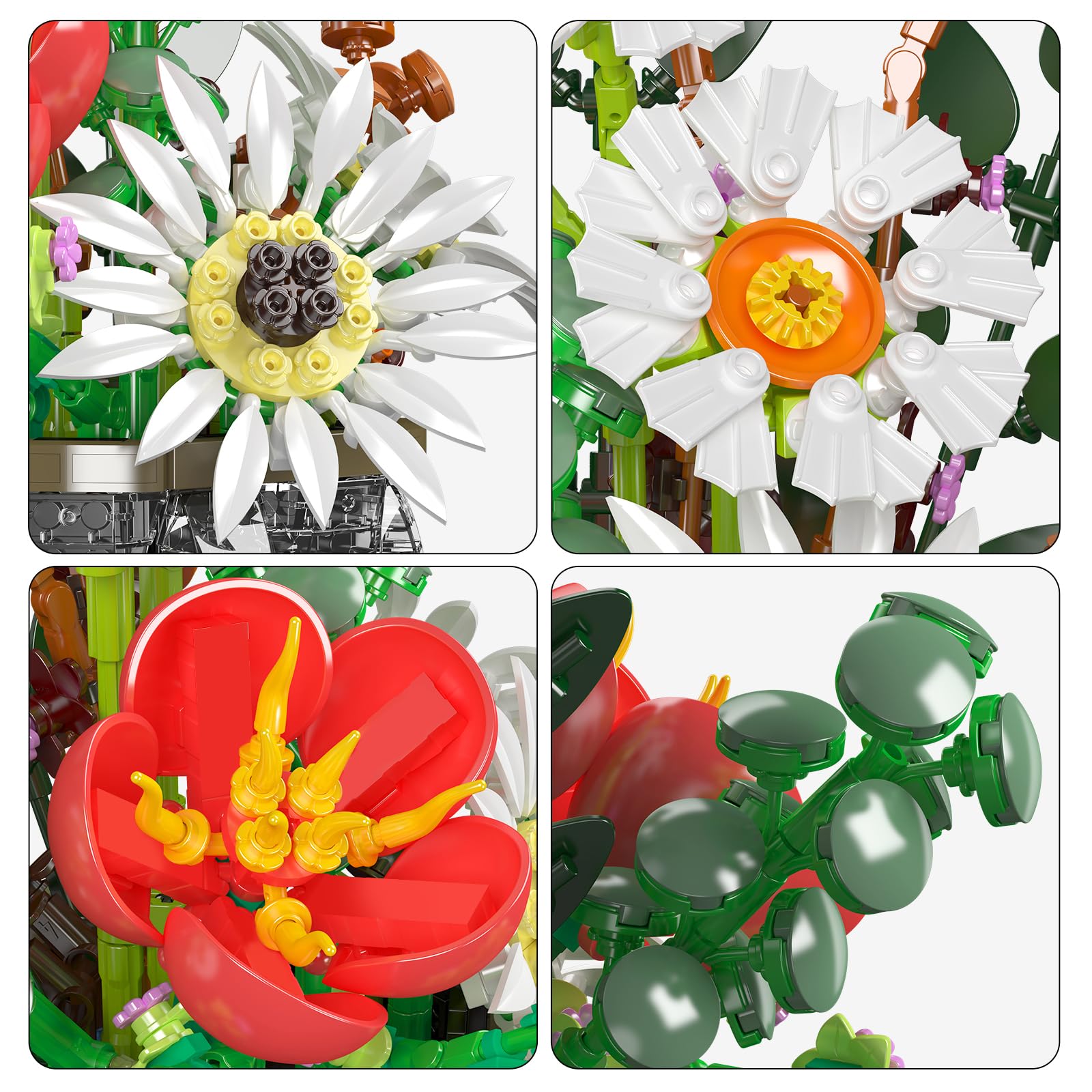 Mould King 24107 Blumen-Bauset Mit Vase - Sonnenblumen, Tulpen & Gänseblümchen Aus 1157 Teilen
