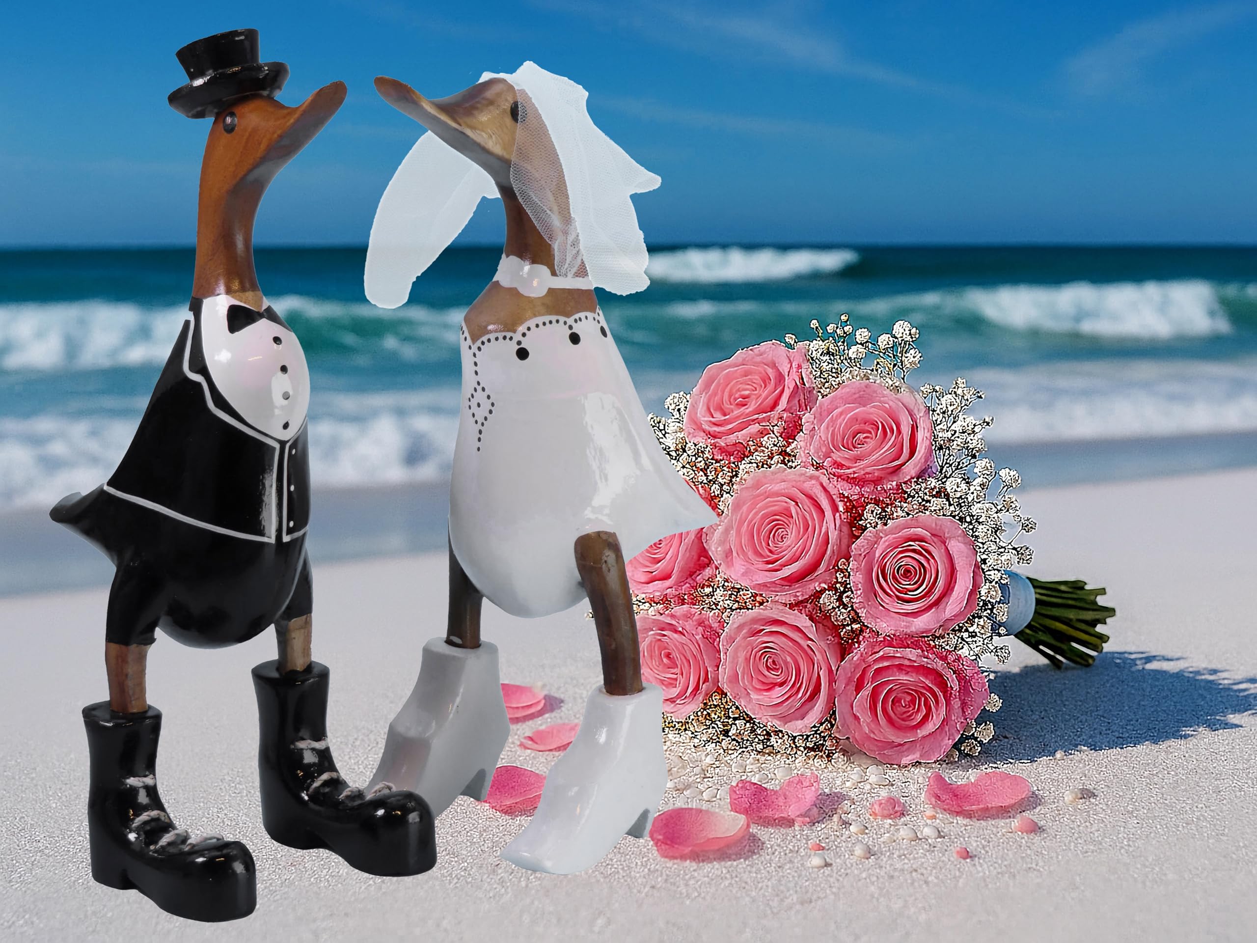 Pommerntraum ®| 2-er Set Dekorationsfiguren Sammlerfiguren Brautpaar Hochzeitspaar Enten Holzenten Dekoenten Entenpaar Braut + Bräutigam (Hochzeitspaar Enten)