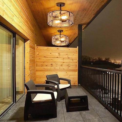 Miniatura 4 de Moderna lámpara de techo semiempotrada, 2 luces negras de montaje empotrado con pantalla de vidrio ondulado, luces de granja cerca de techo para