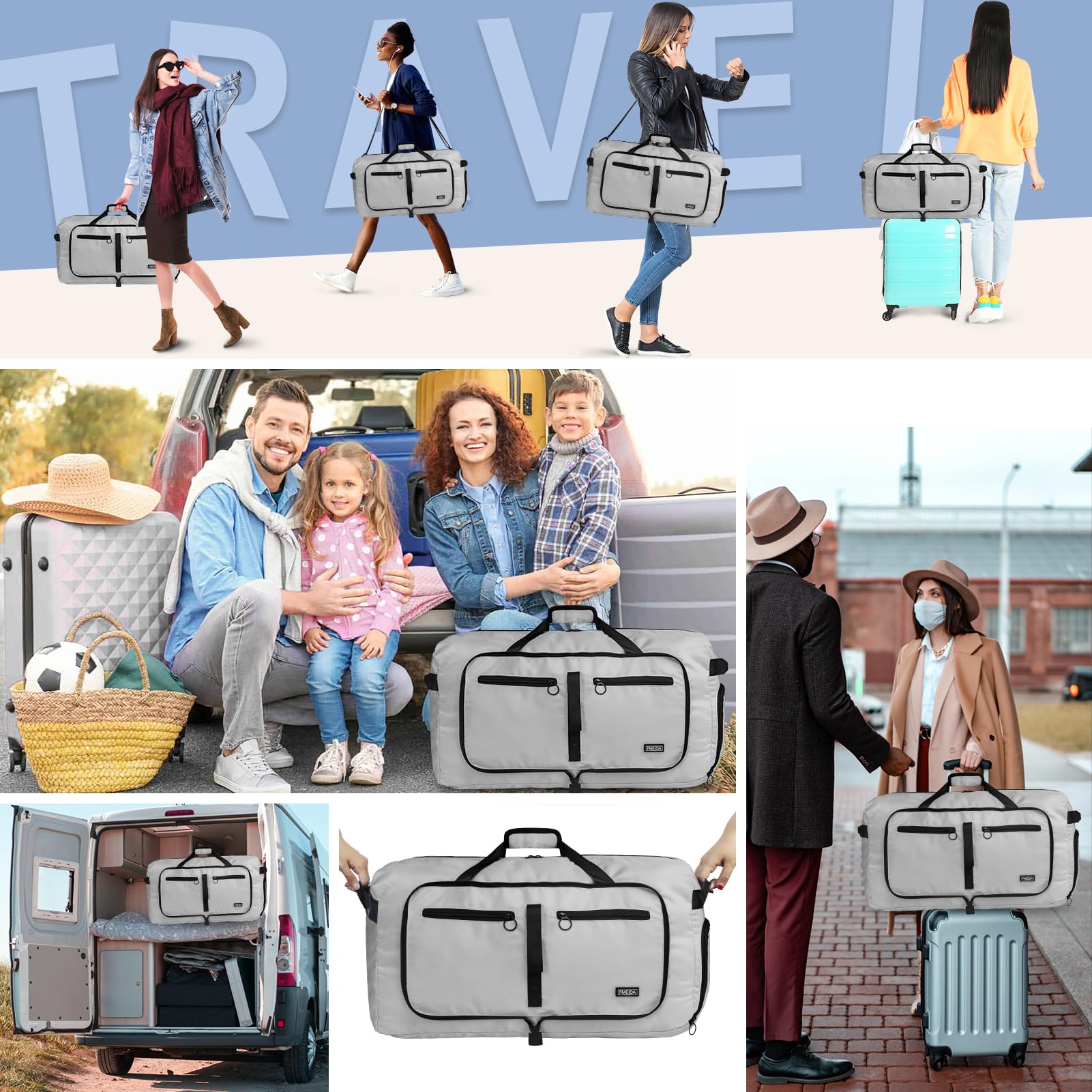 Fmeida 65L Borsone da Viaggio Unisex Adulto, Grande Borsone Palestra con Scomparto per Scarpe e Tracolla, Impermeabile Duffel Bag Borsa Sportivo