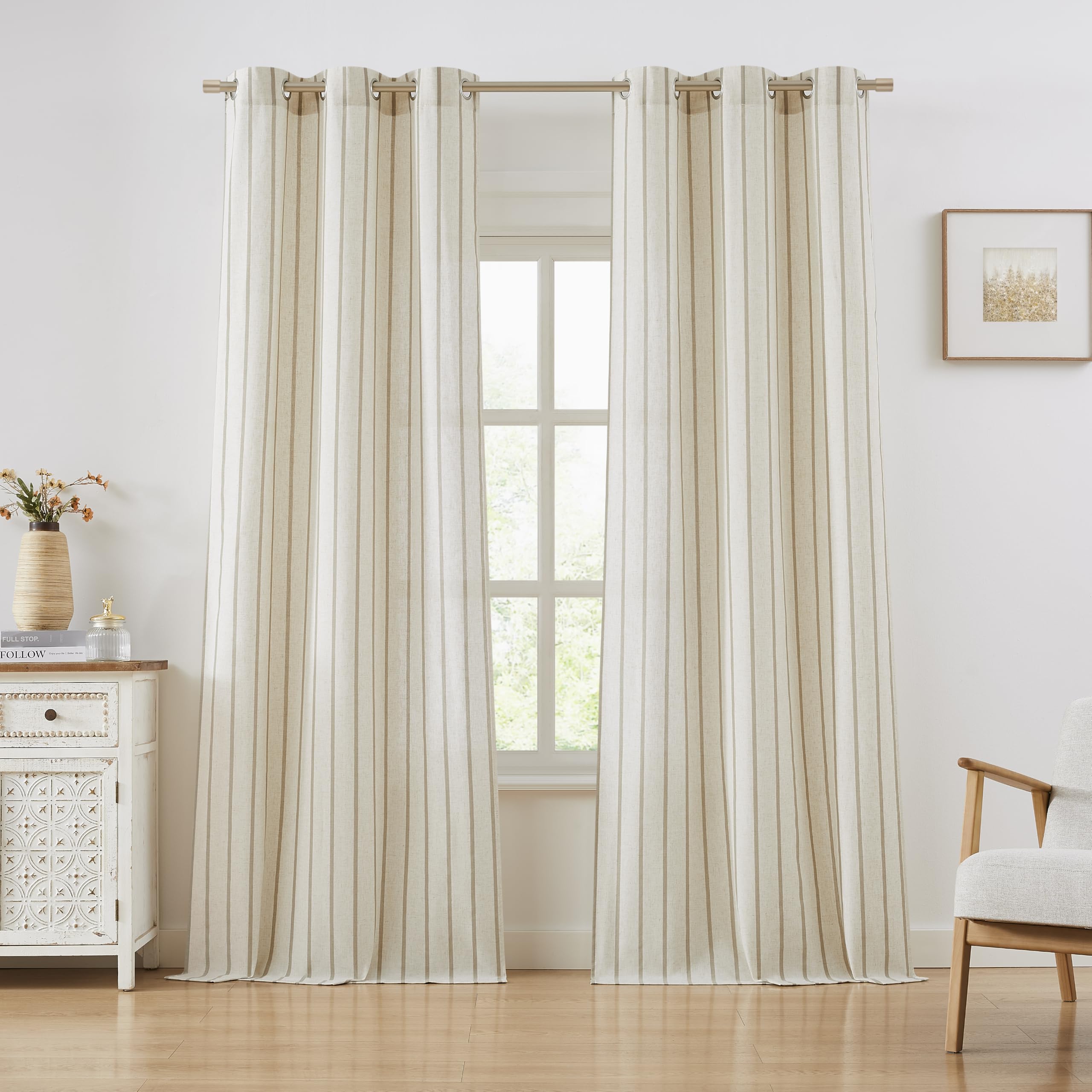Bapawfish Linen Stripe Semi Sheer Window Curtains 90 Inches Length