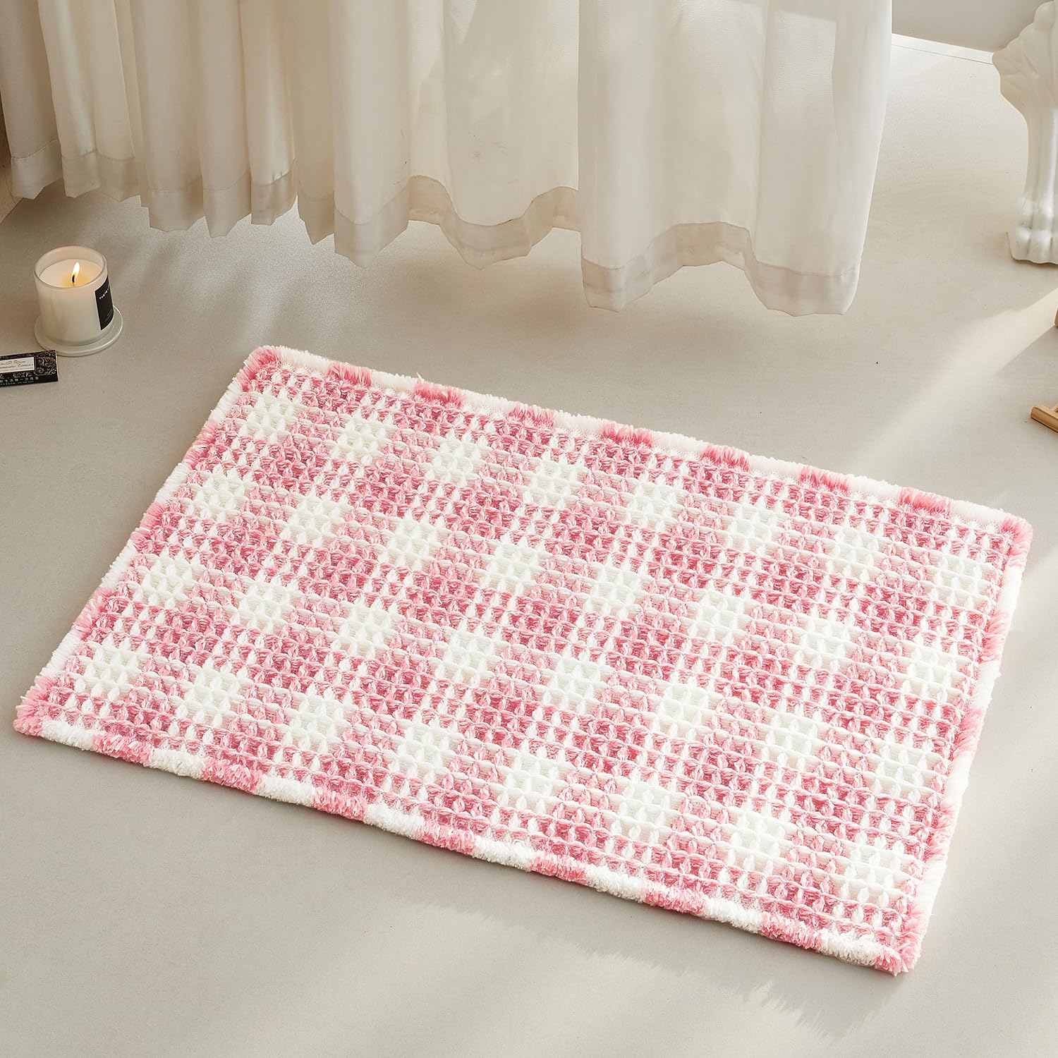 TYUU Waffle Bath Mat, Boho Bathroom Rugs Non Slip Washable Absorbent Checkered Bathroom Mat Quick Dry Cute Bath Mat, 30"x20" Pink and White