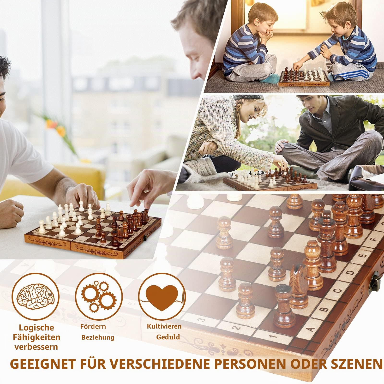 Syrace Schachspiel Schach Schachbrett aus Holz für Kinder und Erwachsene, Zusammenklappbar, Handgefertigt, Gut für Drinnen Draußen und Reisen