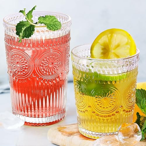 Juego de 12 vasos de bebida vintage, vasos altos de 12 onzas y vasos de cristalería acanalados en relieve de 9 onzas para cóctel, agua, jugo, café,