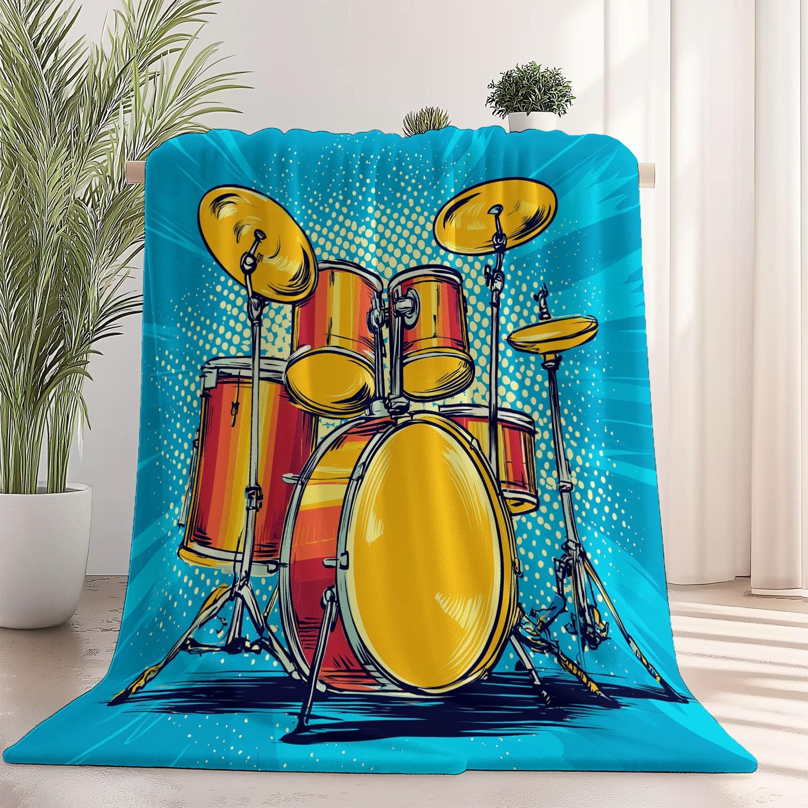 Kuscheldecke Decke mit Cartoon Musikelemente Schlagzeug Muster, Blau Warme Sofadecke, Weiche und Flauschige Flanell-Decke Wohndecke für Zuhause Bett Couch Sofa Wohnzimmer 150×200 cm