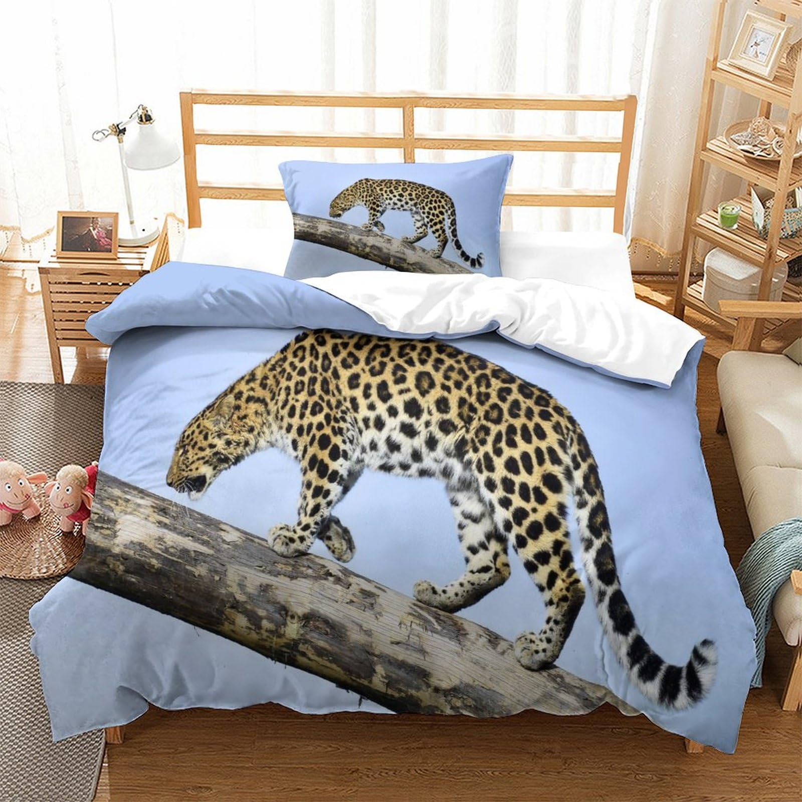 P1s9u7w5y Jaguar-2 Realistic Leopard Style 3D Printed Animal Theme 3Pcs Microfiber Duvet Cover Set Modern Leopard Bedding Set Single（135X200cm）